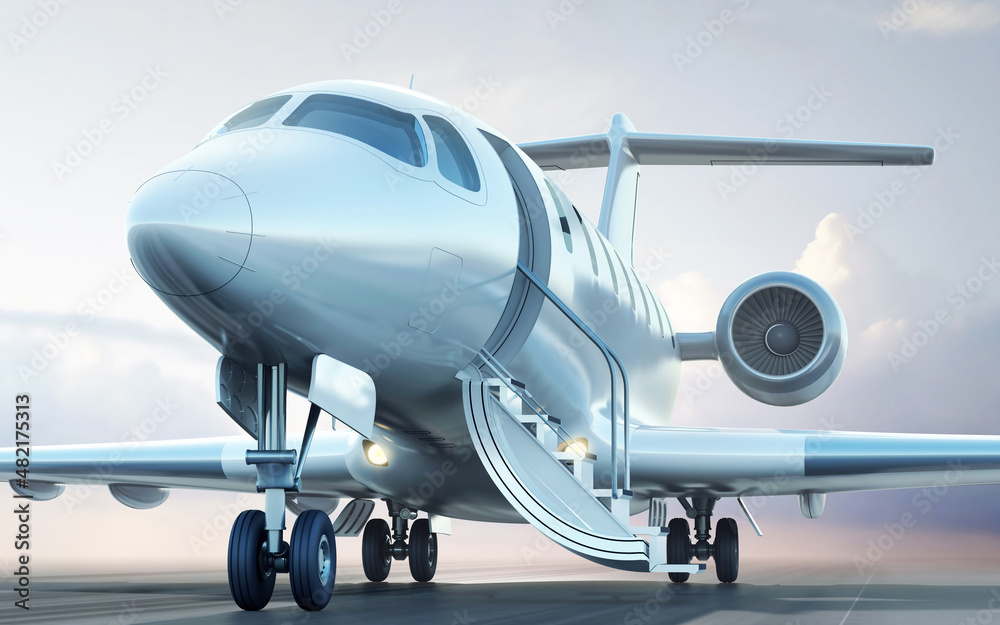 Naklejka premium Business jet on runway, with open entrance waiting for passengers. Close-up view, 3D render.