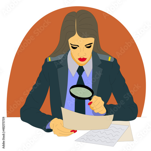 beautiful, serious girl in police uniform checks documents with magnifying glass in her hands. Vector illustration. female officer, uniformed detective reads in document, conducts an investigation.