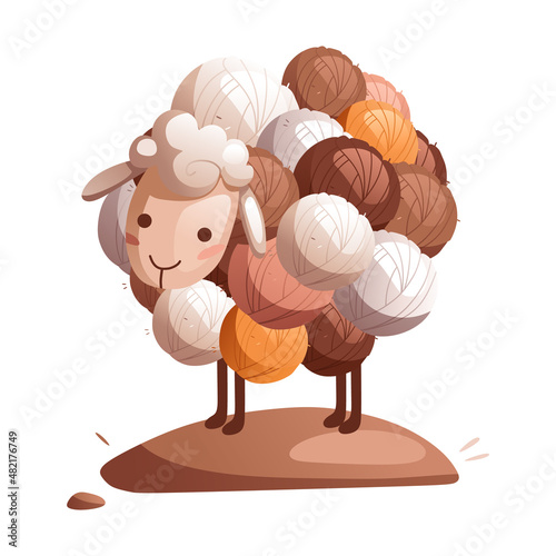 Cartoon toy sheep made of balls of wool. Detailed vector illustration.