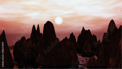 3d scene design of mountains and river, canyon. Beautiful landscape with mountain views at sunset.