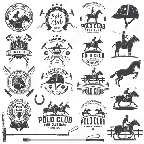 Set of polo club sport badges, patches, emblems, logos. Vector illustration. Vintage monochrome label with rider and horse silhouettes. Polo club competition riding sport.