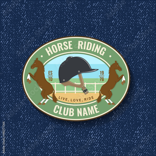 Horse racing sport club badge, patch, emblem, logo. Vector illustration. Vintage monochrome equestrian label, sticker with helmet and horse silhouettes. Horseback riding sport.