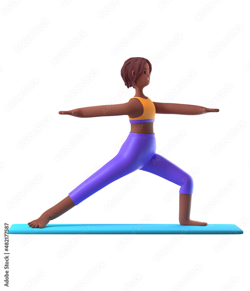 Yoga dark-skinned girl in standing position on white background, cartoon female 3d charcter doing yoga, 3d illustration Yoga dark-skinned girl in standing position on white background, cartoon female 3d charcter doing yoga, 3d illustration