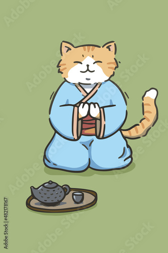 Cartoon drawing of a cat in kimono in Japanese style with tea set, funny doodle sticker, isolated icon on green background