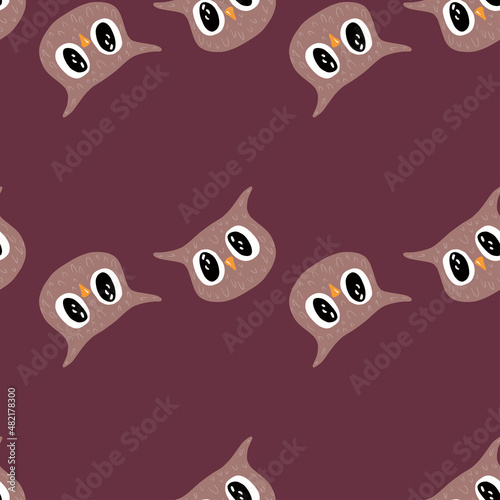 Owl pattern seamless in freehand style. Head animals on colorful background. Vector illustration for textile.