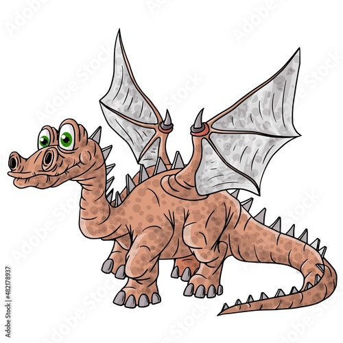 Cheerful, cute, winged dinosaur on a white background.