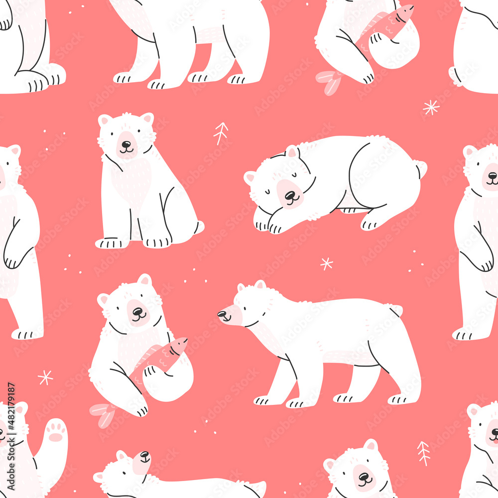 Fototapeta premium Seamless pattern with polar bears. Cute pink pattern with bears in cartoon style. Vector illustration background.