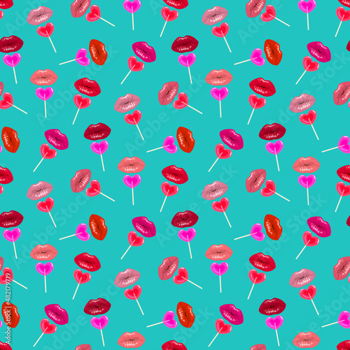 Lips, lipstick, lipgloss pattern with heart shaped lollypop candy. Valentines day romantic sexy turquoise color background