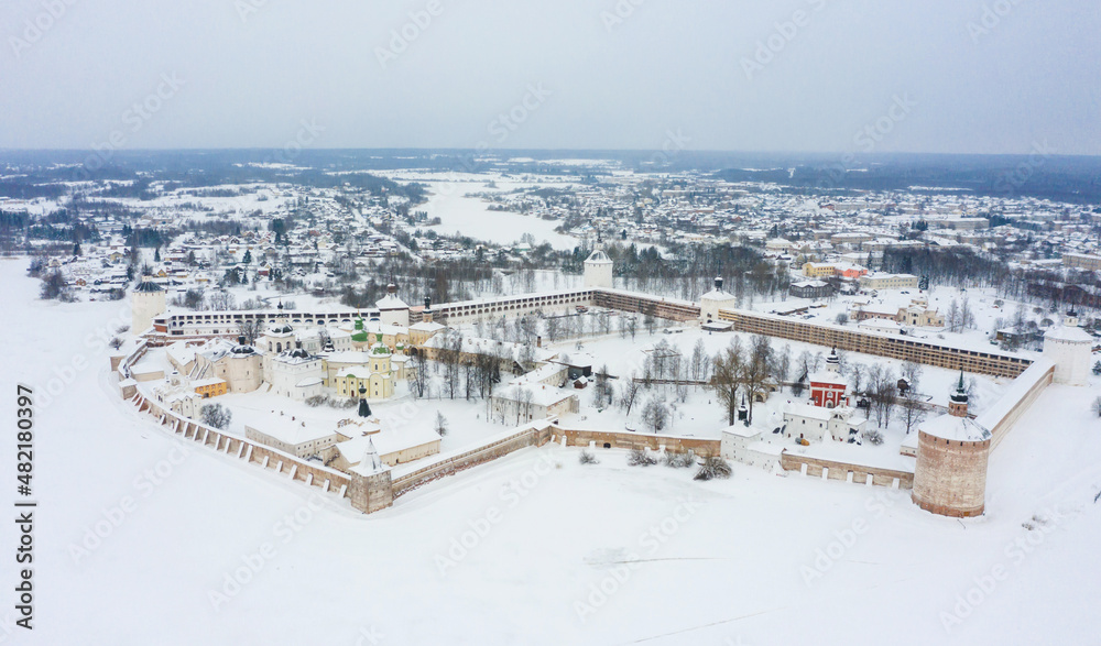Winter panoramic view of the old Russian city, located on the ancient trade route and Cyril-Belozersky Monastery fortress in Northern Russia. Kirillov, Vologda Oblast.