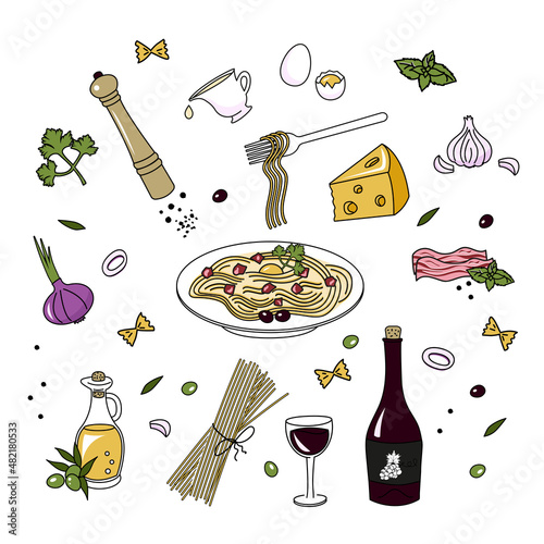 A set of ingredients for making pasta Carbonara with spaghetti. Doodle style. Vector graphics.