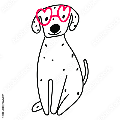 Dalmatian wearing red glasses. 
Valentine's day concept. Vector hand drawn outline illustration on white background.