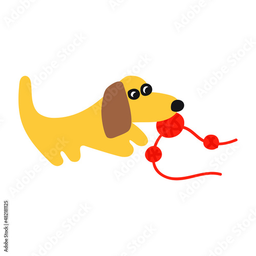 Dachshund playing with toy. Vector hand drawn illustration on white background.