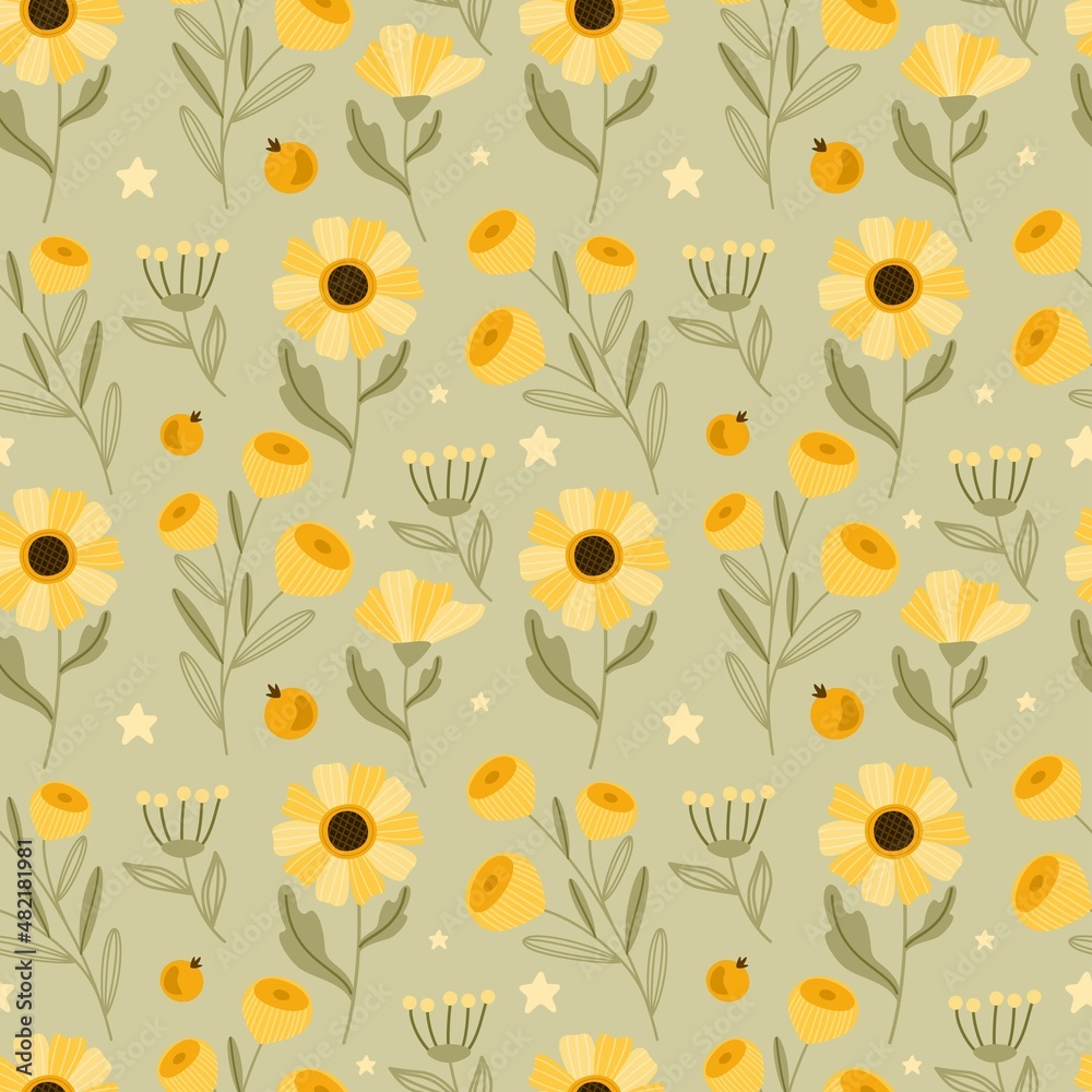 Abstract seamless patterns with a sunflower. Vector illustration.