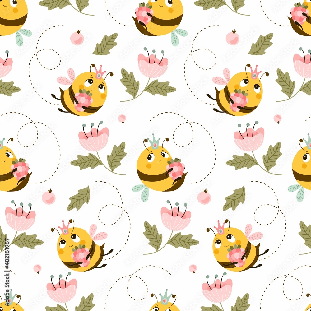Seamless pattern with bees on a summer background. Vector illustration. To create fabric, paper, postcards.
