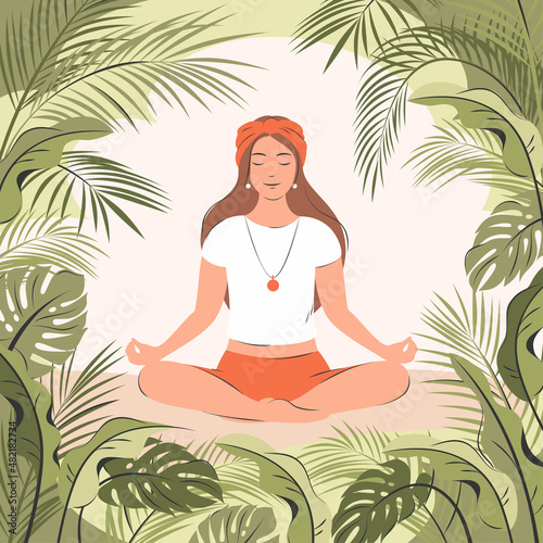 Woman meditating in nature. Concept illustration for yoga, meditation, relax, recreation, healthy lifestyle and unity with nature.  Flat vector illustration.