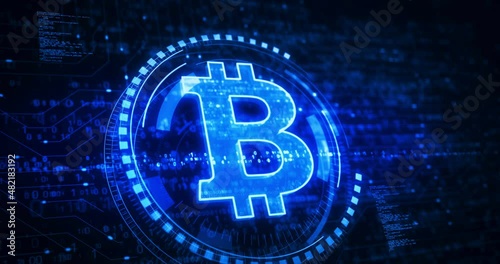 Bitcoin blockchain crypto currency and digital money symbol digital concept. Network, cyber technology and computer background abstract 3d animation. photo