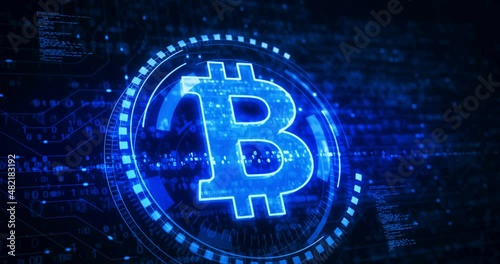 Bitcoin blockchain crypto currency and digital money symbol digital concept. Network, cyber technology and computer background abstract 3d animation.