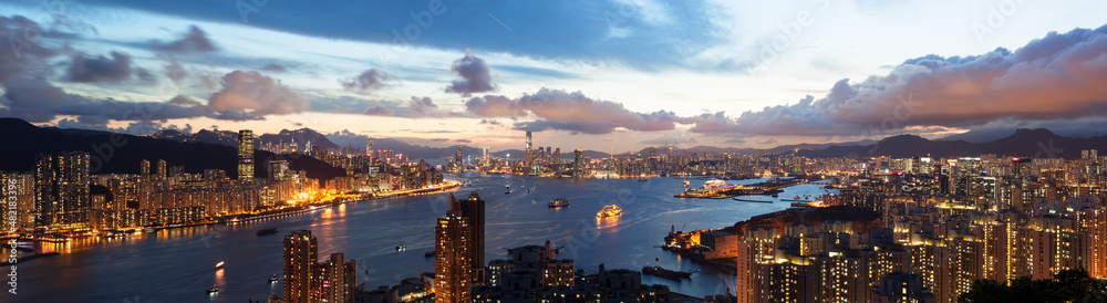 Dramatic Hong Kong Skyline Panorama At Twilight Night 