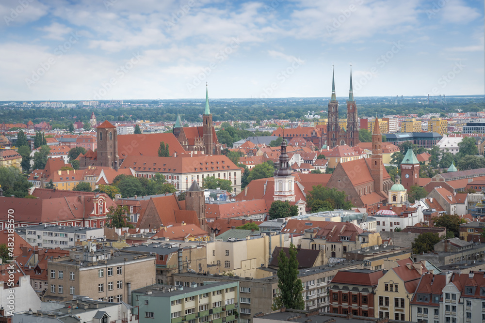 Aerial view of Cathedral Island (Ostrow Tumski) with Collegiate Church of the Holy Cross, Cathedral of St. John the Baptist and Church of St Mary on the Sand - Wroclaw, Poland