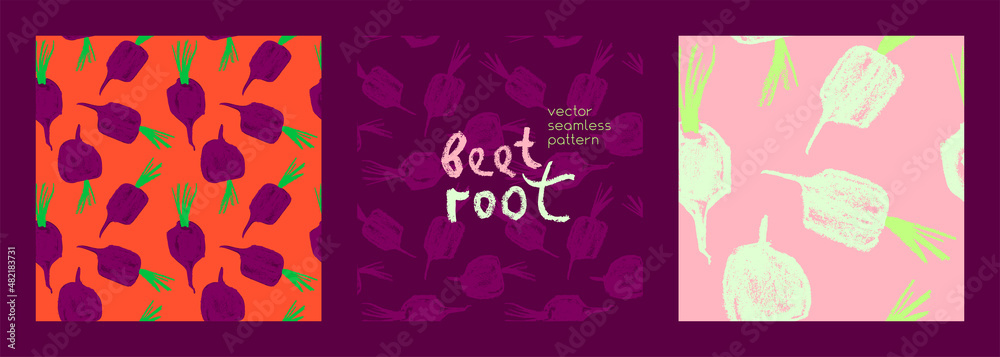 Vector beetroot pattern seamless. Sugar beet background for label, banner, packaging design. Fabric vegan ornament. Vegetarian background. Pencil Illustration. Vegan wallpaper. Purple root vegetable.