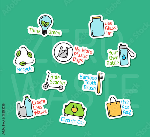zero waste color vector eco stickers. zero waste color filled stickers with shadow scattered on green background. go green, no plastic and zero waste eco friendly concept