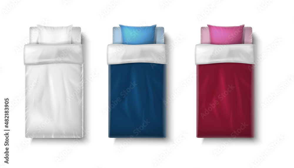 set of 3d realistic vector icons of single bed with white and colorful mattress.