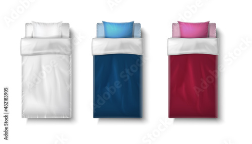 set of 3d realistic vector icons of single bed with white and colorful mattress.