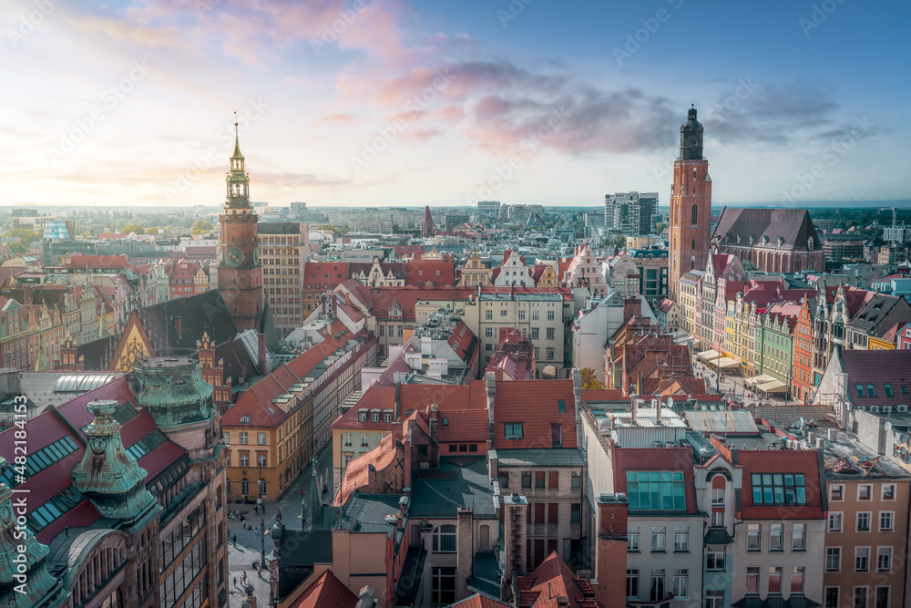 Wroclaw Skyline with Old Town Hall, St Elizabeth Church and Market Square at sunset - Wroclaw, Poland