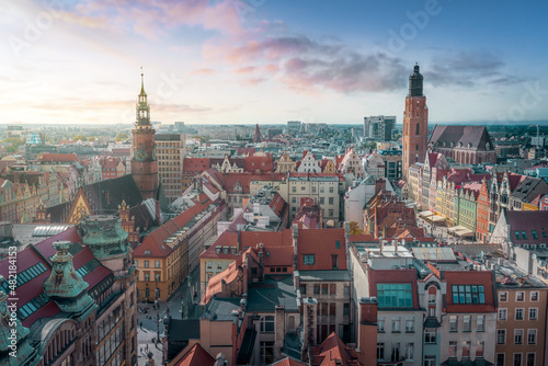 Wroclaw Skyline with Old Town Hall, St Elizabeth Church and Market Square at sunset - Wroclaw, Poland
