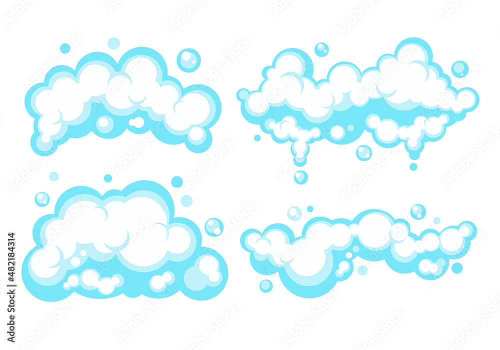 Cartoon soap foam set with bubbles. Light blue suds of bath, shampoo, shaving, mousse. Vector illustration. EPS 10 Cartoon soap foam set with bubbles. Light blue suds of bath, shampoo, shaving, mousse. Vector illustration. EPS 10