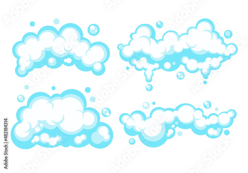 Cartoon soap foam set with bubbles. Light blue suds of bath, shampoo, shaving, mousse. Vector illustration. EPS 10 photo