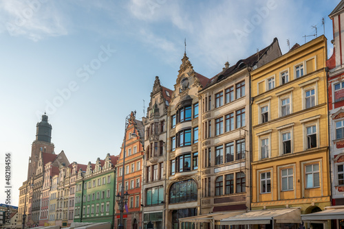 Market Square colorful buildings and St Elizabeth Church Tower - Wroclaw  Poland