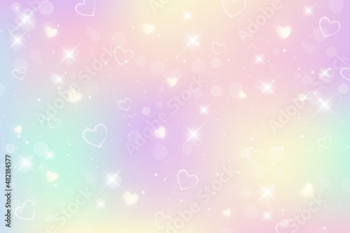 Rainbow fantasy background. Holographic illustration in pastel colors. Cute cartoon girly background. Bright multicolored sky with bokeh and hearts. Vector.