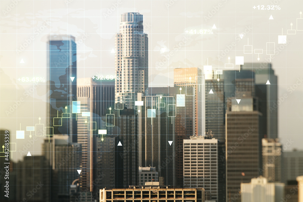 Obraz premium Abstract creative financial graph and world map on Los Angeles cityscape background, financial and trading concept. Multiexposure