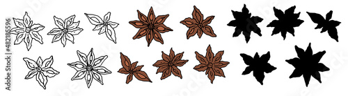 spice icons star anise brown. a collection of silhouettes and a black isolated contour of spice Anise on a white background for a packaging design template, labels. star anise top view in the style of