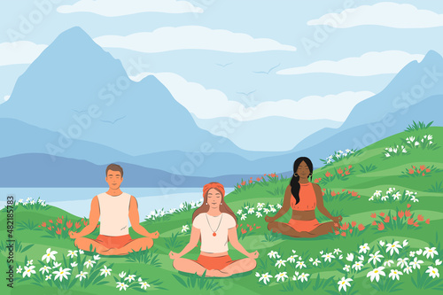 Different People practicing yoga together and meditating on nature, among mountains. Healthy lifestyle, active recreation outdoors, open air workout, physical exercising. Flat vector illustration © Tatiana Bass
