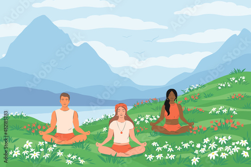 Different People practicing yoga together and meditating on nature, among mountains. Healthy lifestyle, active recreation outdoors, open air workout, physical exercising. Flat vector illustration