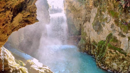 crystal clear stream running through a pristine valley in the town of Pioraco in the Marche region, Italy