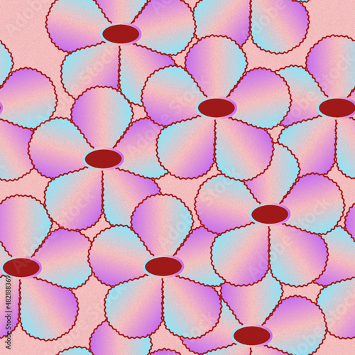 Flowers are purple-blue with a gradient fill and a contrasting brown stroke on a pink background. Seamless floral pattern for textile.