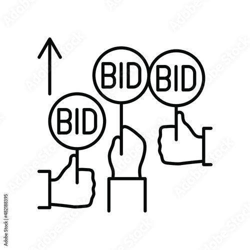 competition, price increase, auction, hands holding a signs. Line icon