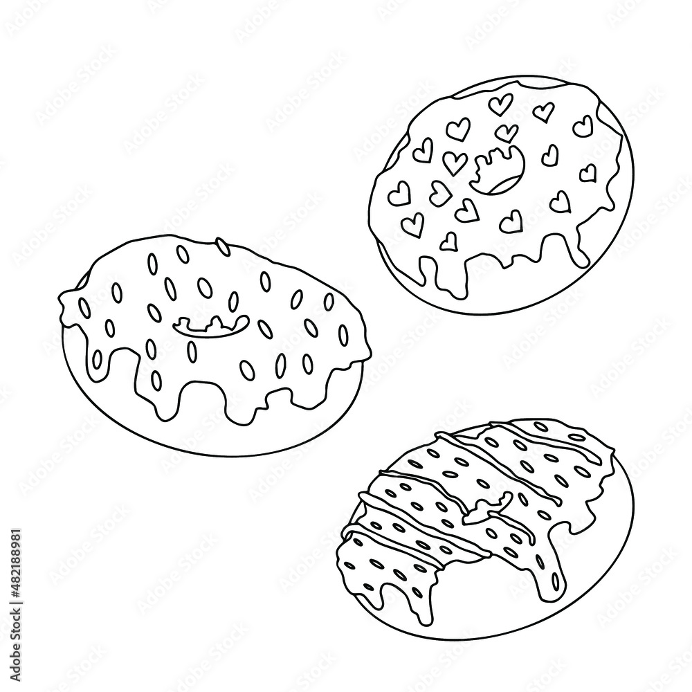 A set of doughnuts in doodle style. A hand-drawn donut, outline. Vector illustration isolated on a white background. A sketch of delicious sweets. A set of doughnuts in doodle style. A hand-drawn donut, outline. Vector illustration isolated on a white background. A sketch of delicious sweets.