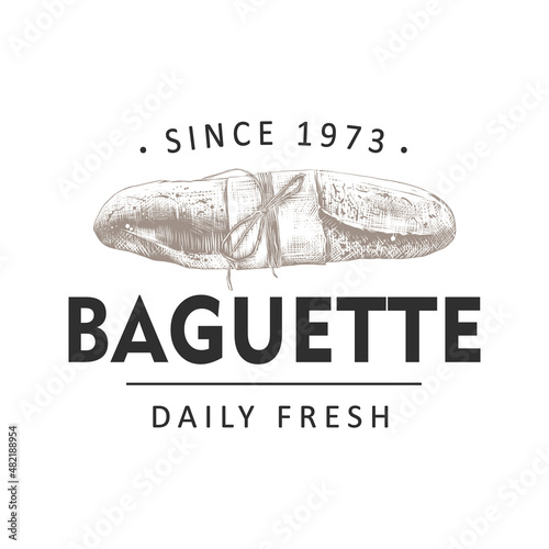 Vintage style bakery shop label, badge, emblem, logo. Monochrome graphic art with engraved design baguette element. Collection of hand drawn vector graphic on white background.
