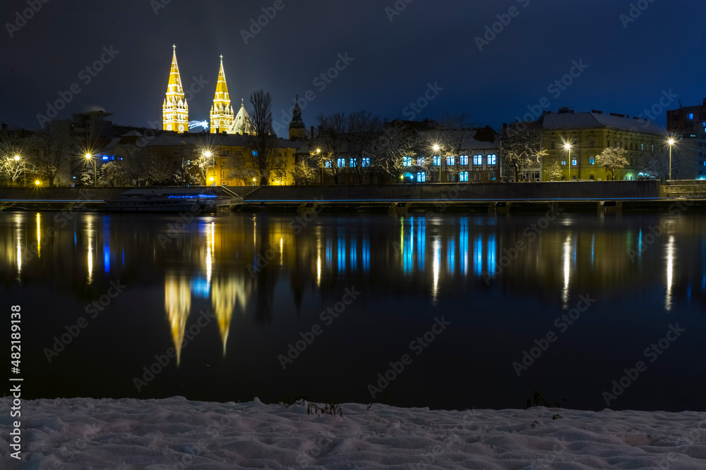 Tisza river and city of Szeged in winter