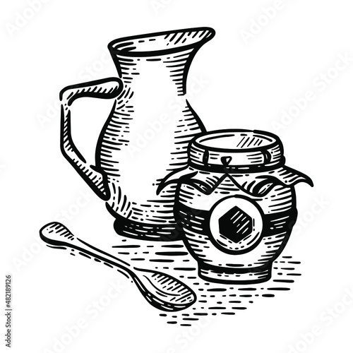 Vector black and white sketch illustration of a jug with milk and a jar of honey, a spoon