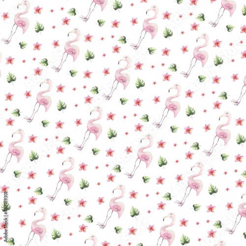 seamless pattern with a hand drawn watercolour pink flamingo and floral elements , monstera leaf and magnolia flower 