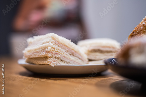 crumb sandwich on white plate
