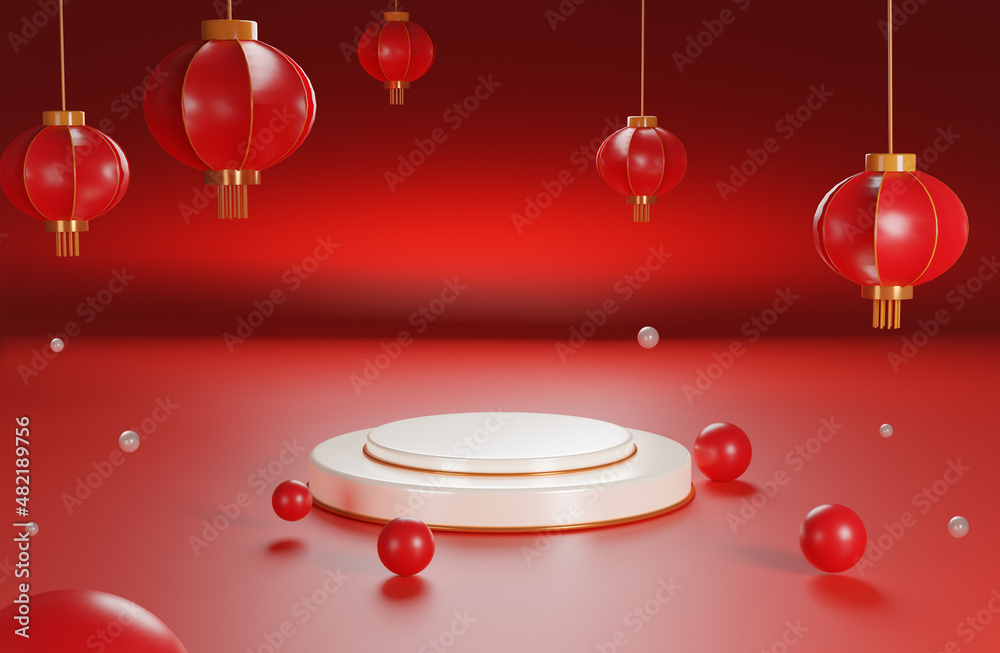 Red 3D podium chinese new year decorate with red lantern and ball on the floor Mockup for product display advertisement 3D rendering background Red 3D podium chinese new year decorate with red lantern and ball on the floor Mockup for product display advertisement 3D rendering background