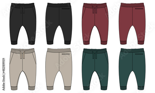 Multi color Set of collection Basic Sweat pant technical fashion flat sketch template front and back views. Apparel Fleece Cotton jogger pants vector illustration drawing mock up for kids and boys. 
