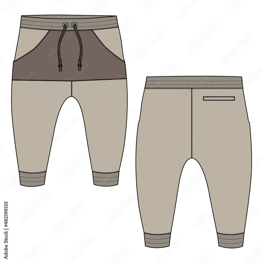 Two tone Khaki Color Basic Sweat pant technical fashion flat sketch template front and back views. Apparel Fleece Cotton jogger pants vector illustration drawing mock up for kids and boys.
Two tone Khaki Color Basic Sweat pant technical fashion flat sketch template front and back views. Apparel Fleece Cotton jogger pants vector illustration drawing mock up for kids and boys.