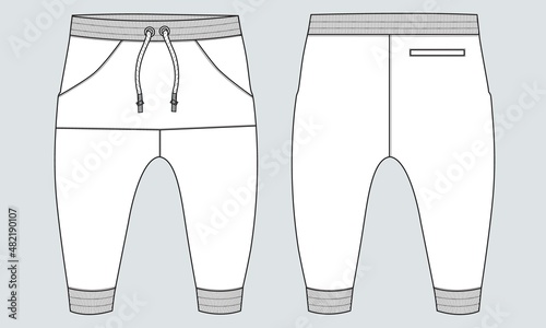 Fleece cotton jersey basic Sweat pant technical fashion flat sketch template front and back views. Apparel jogger pants vector illustration mock up for kids and boys. Fashion design drawing CAD.